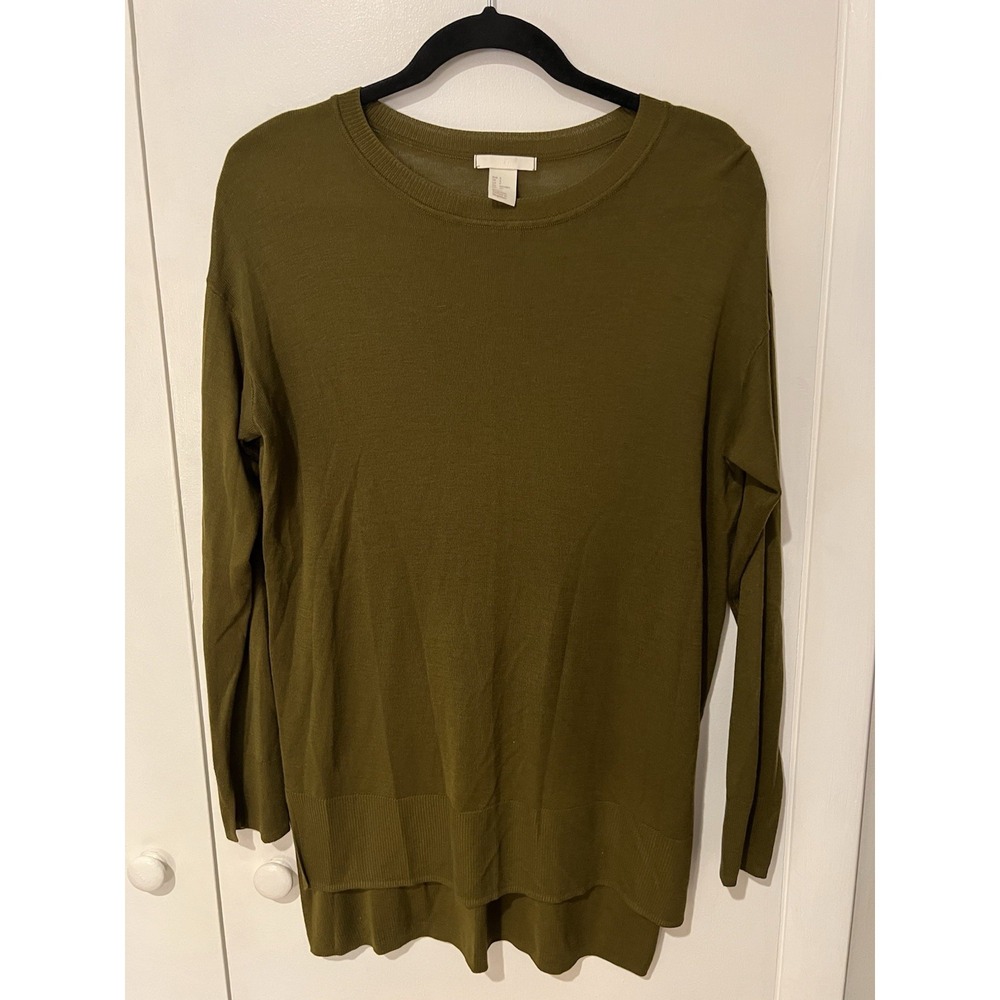 H&M Lightweight Knit Crewneck Sweater Tunic Olive Green Sz Small Women's